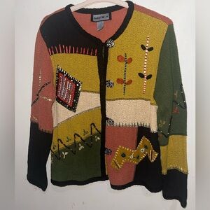 Indigo Moon patchwork Embroidered Knit Women's Multicolor Sweater cardigan NWOT